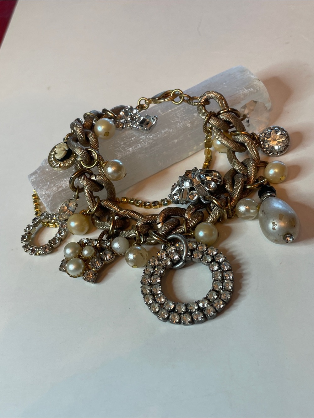 Upcycled Vintage Charms Faux Pearls Rhinestones Cameo Gold Tone Chain Bracelet